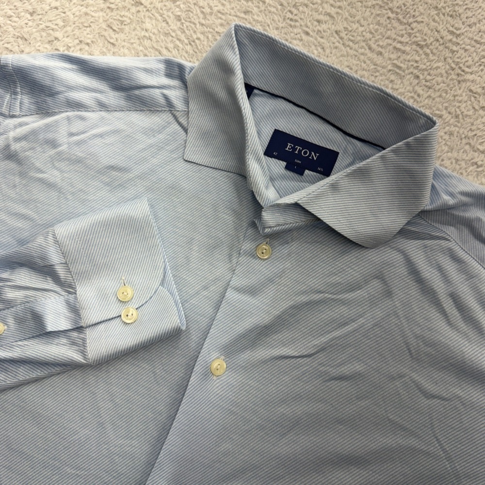 Eton Slim Fit Dress Shirt Mens 42 16.5 L Blue White Micro Stripe Cotton Long Slv